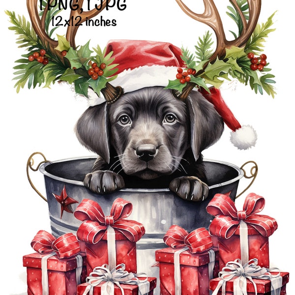 Christmas Labrador Puppy PNG Reindeer Antlers Costume Sublimation Cute Lab Dog in a Bucket Baby Labrador PNG Black Lab Puppy Christmas Gifts