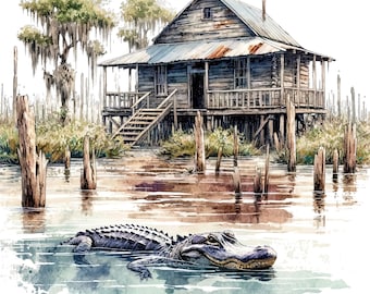 Old Shack on the Bayou Watercolor Swamp Boys Girls Clipart Wall Art Rustic Shack Landscape PNG Commercial Use Swamp Hunting PNG Illustration