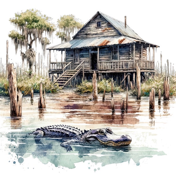 Old Shack on the Bayou Watercolor Swamp Boys Girls Clipart Wall Art Rustic Shack Landscape PNG Commercial Use Swamp Hunting PNG Illustration