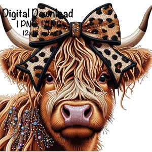May include: A Highland cow with long, shaggy brown and white fur, wearing a large leopard print bow with black trim. The cow's nose is pink and sparkly, and its eyes are brown. The background is white.
