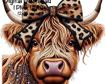 Highland Cow Embroidery PNG Leopard Bow PNG Commercial Use Faux Embroidery Farm Scottish Cow Sequins Glitter Cattle Sublimation Download PNG