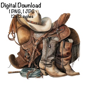 Cowboy Boots Hat & Horse Saddle Watercolor Country Cowboy Clipart PNG Commercial Use Sublimation Designs Country Boy Watercolor Illustration