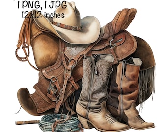 Cowboy Boots Hat & Horse Saddle Watercolor Country Cowboy Clipart PNG Commercial Use Sublimation Designs Country Boy Watercolor Illustration
