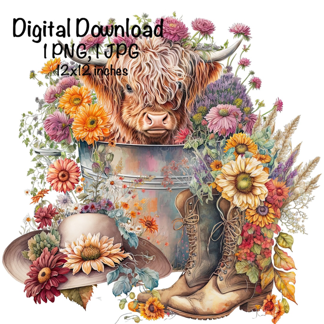 Highland Cow PNG Cute Highland Longhaired Cow Clipart Cow in Metal Tub ...
