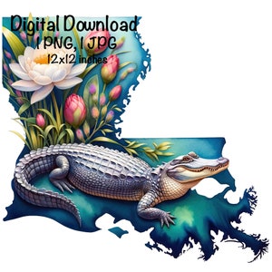 May include: A digital download of a 12x12 inch image featuring a blue and green watercolor illustration of the state of Louisiana with a white alligator and pink and white flowers.