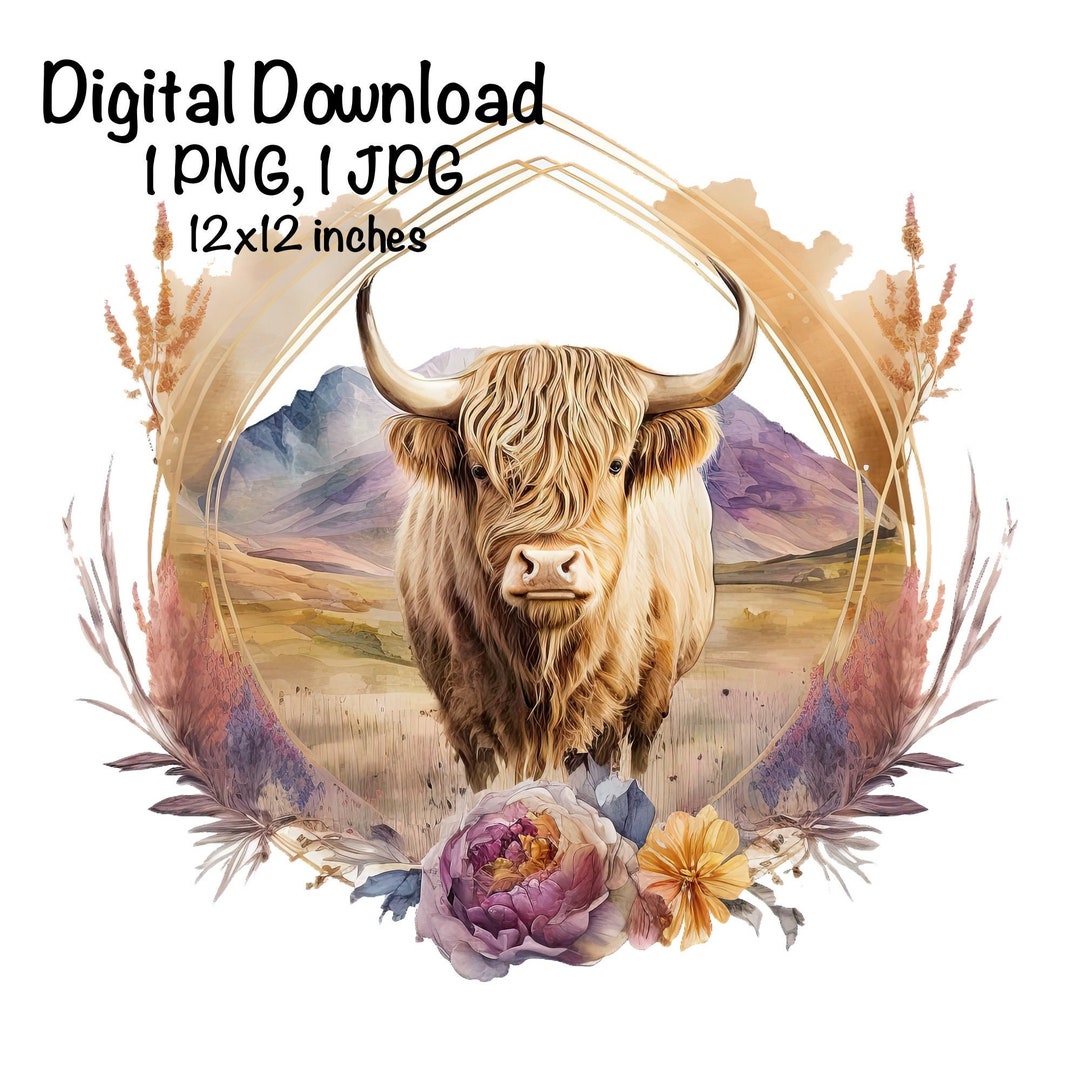 Highland Cow Watercolor Clipart Highland Cow Gold Hexagon Spring ...