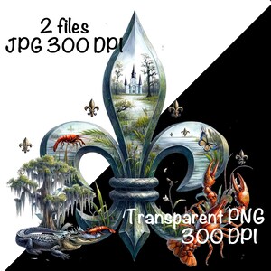 May include: A blue and green fleur-de-lis design with a church, swamp, alligator, crawfish, and butterfly inside. The design is on a white and black background. 2 files: JPG 300 DPI, Transparent PNG 300 DPI.