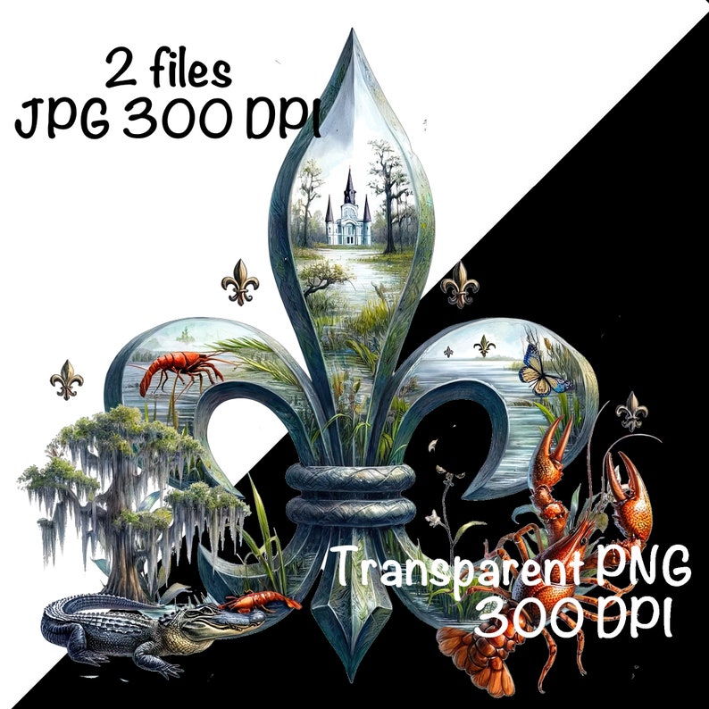 May include: A blue and green fleur-de-lis design with a church, swamp, alligator, crawfish, and butterfly inside. The design is on a white and black background. 2 files: JPG 300 DPI, Transparent PNG 300 DPI.