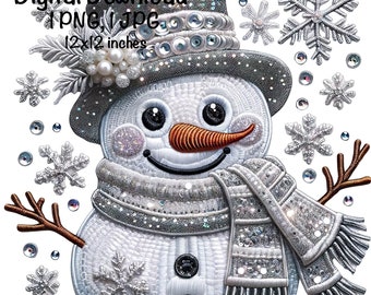 Snowman Embroidery PNG Winter Snowman PNG Commercial Use Faux Embroidery Snowman Christmas Sequins Glitter Sublimation Design Download PNG