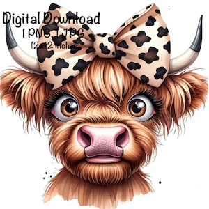 Highland Cow PNG Funny Cow Leopard Bow Clipart Cute Highland Cow Funny Baby Cow PNG Scottish Cow Digital Download Cow Illustration Print PNG