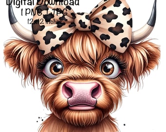 Vaca de las Tierras Altas PNG Vaca Divertida Lazo de Leopardo Clipart Linda Vaca de las Tierras Altas Vaca Bebé Divertida PNG Vaca Escocesa Descarga Digital Ilustración de Vaca Imprimir PNG