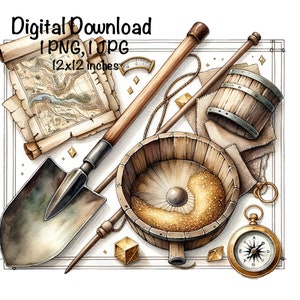 Gold Panning PNG Gold Mining Clipart Outdoor Gold Panning Watercolor Mineral Sifting Prospect Pan Sublimation Commercial Use Gold Rush Art