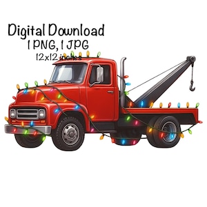 Puede incluir: Un camión de remolque rojo decorado con luces navideñas de colores. La imagen incluye el texto "Digital Download 1 PNG, 1 JPG 12x12 inches". El camión tiene un brazo de remolque negro y un gancho.