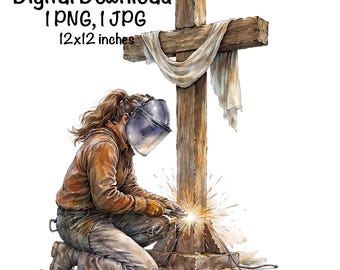 May include: Watercolor illustration of a person welding a wooden cross. The cross is draped with a white cloth. The image includes the text "Digital Download 1 PNG, 1 JPG 12x12 inches."