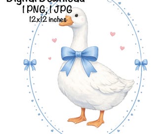 May include: A digital download image of a white goose wearing a blue bow, set within a blue dotted oval frame with small pink hearts. The image includes the text "Digital Download 1 PNG, 1 JPG 12x12 inches."