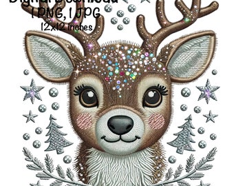 Reindeer Embroidery PNG Winter Reindeer PNG Commercial Use Faux Embroidery Deer Christmas Sequins Glitter Sublimation Design Download PNG