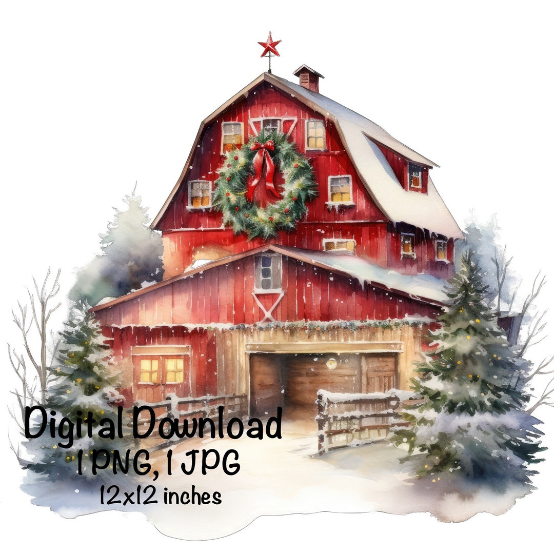 Christmas Old Barn Watercolor Farm Barn Winter Snow Clipart Wall Art