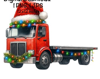 May include: A red flatbed truck decorated for Christmas, wearing a Santa hat and string lights. The truck has a garland of lights on the front and the text "Digital Download 1 PNG, 1 JPG 12x12 inches".
