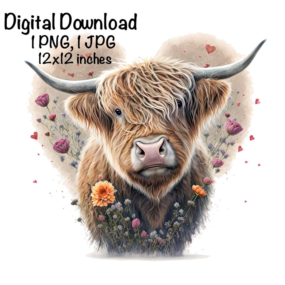Highland Cow Watercolor Clipart Highland Cow Spring Daisy Flowers Heart ...