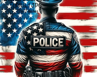 May include: A digital illustration of a police officer standing in front of an American flag. The officer is wearing a blue uniform with a "POLICE" patch on the chest. The flag is red, white, and blue with a distressed, painted look.