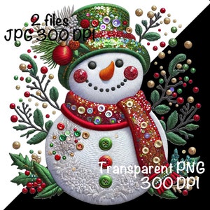 May include: A white snowman with a red and green hat, a red scarf with gold sequins, and green and red holly branches. The snowman is decorated with buttons and sequins. The background is white.