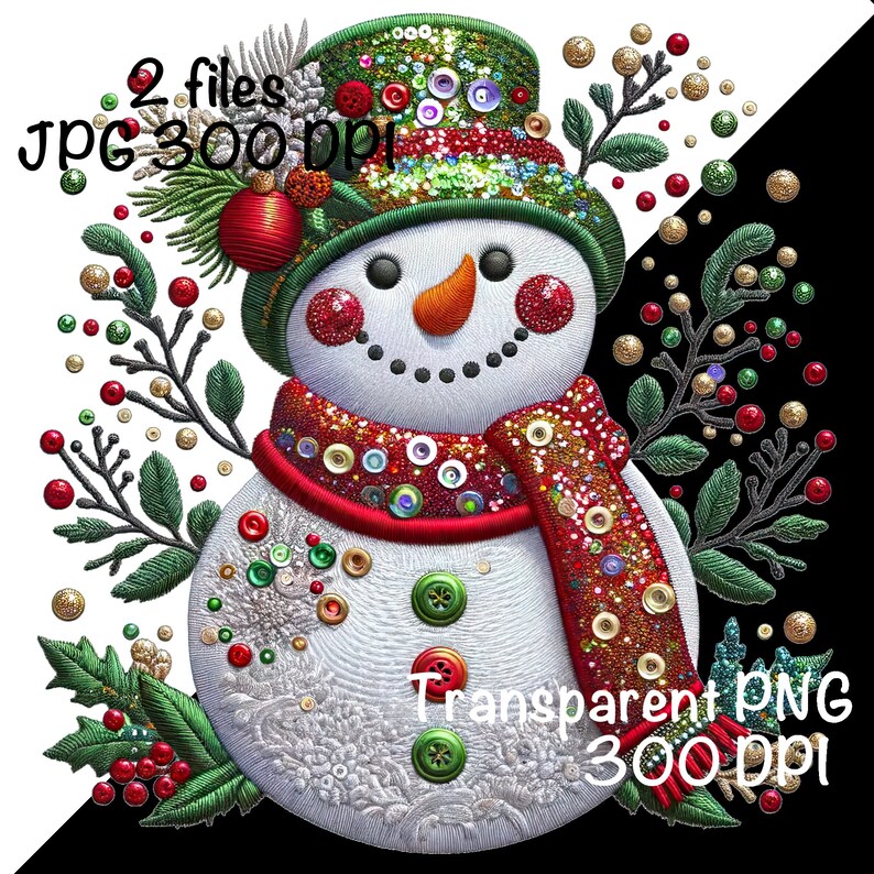 May include: A white snowman with a red and green hat, a red scarf with gold sequins, and green and red holly branches. The snowman is decorated with buttons and sequins. The background is white.