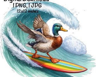 Surfando Pato Mallard PNG | Sublimação Surfista | Pato Fofo Surfando PNG | Caça Sublimação PNG | Vibração de verão | Surf Praia verão png