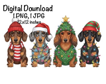 May include: Digital download featuring four dachshunds dressed for Christmas. One wears a red hat and scarf, another a Santa hat, a third a Christmas tree costume, and the last a green and red elf hat. Each dog is adorned with colorful lights.