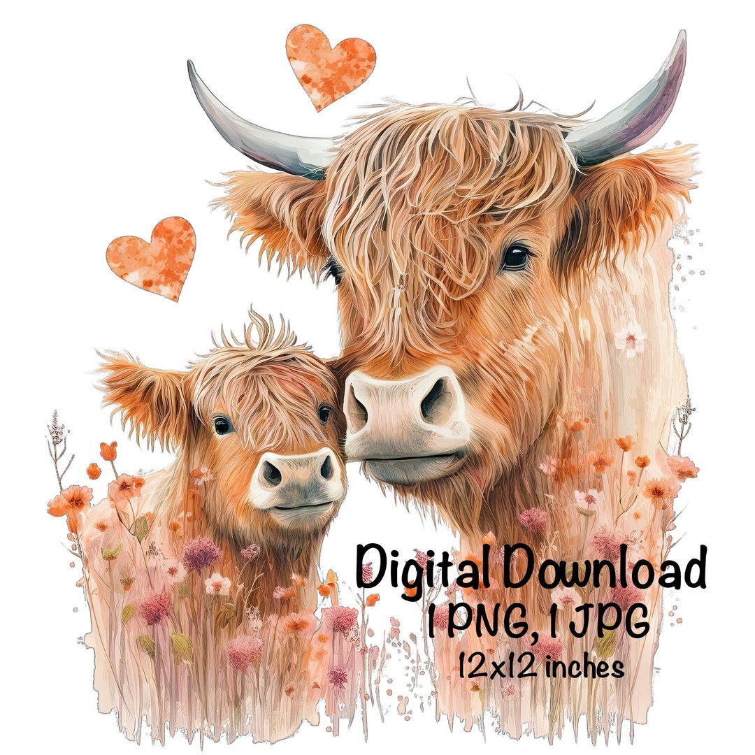 Highland Cow & Calf Watercolor Clipart Highland Cow Flowers - Etsy