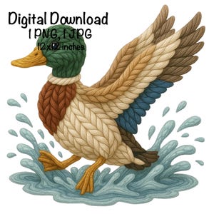 May include: A digital download image of a knitted duck with a green head, brown body, and beige wings. The duck is running through water, with splashes of blue water around its feet. The image is 12 x 12 inches.
