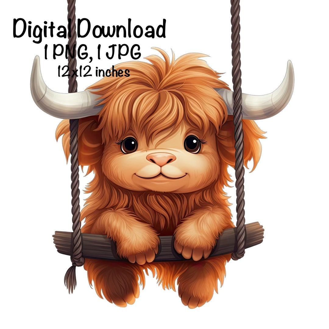 Highland Cow on a Swing Png Farm Animals Cow PNG, Cow Famer Farm