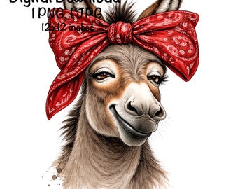 May include: Digital download of a smiling donkey wearing a red bandana. The donkey has brown and gray fur, long eyelashes, and a white muzzle. The text "Digital Download 1 PNG, 1 JPG 12x12 inches" is in the upper left corner.
