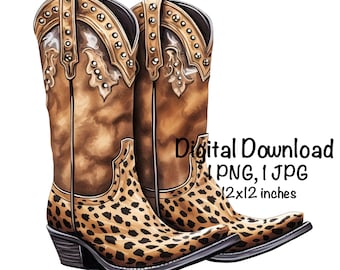Leopard Cowgirl Boots PNG, Country Cowgirl Clipart PNG Commercial Use Sublimation Cowboy Leopard Boots PNG Country Girl png Illustration