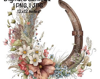 Cowgirl Rustic Horseshoe Watercolor, Country Cowgirl Clipart PNG Commercial Use Sublimation Designs Country Girl Flowers Cowboy Illustration