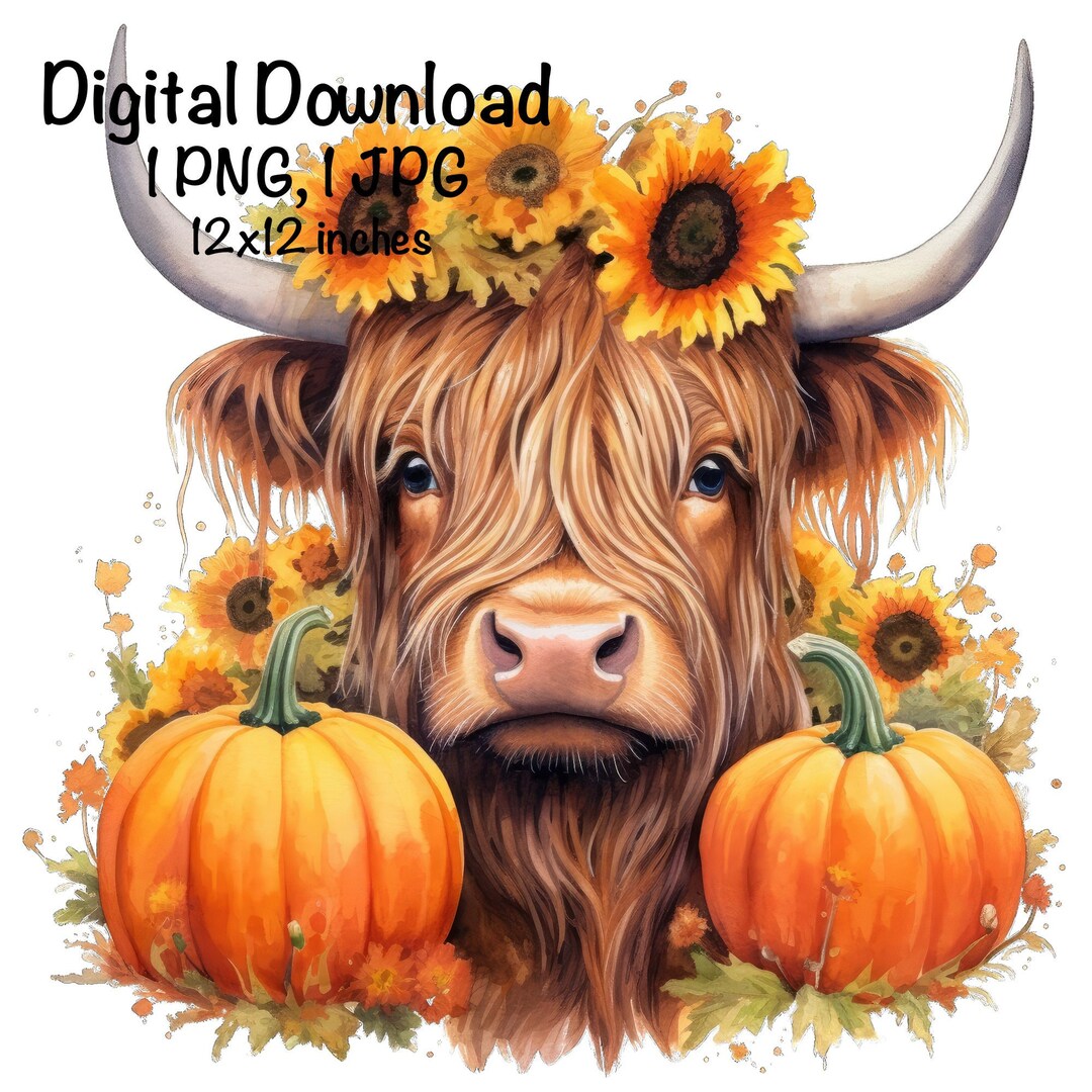 Fall Highland Cow PNG Watercolor Clipart Highland Fall Flowers Cow PNG ...