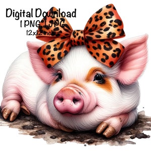 Farm Pig Watercolor Clipart Cute Farm Pig Leopard Bow Baby Pig PNG Commercial Use Piglet Pig Graphic Design Illustration Farm Pig Print PNG