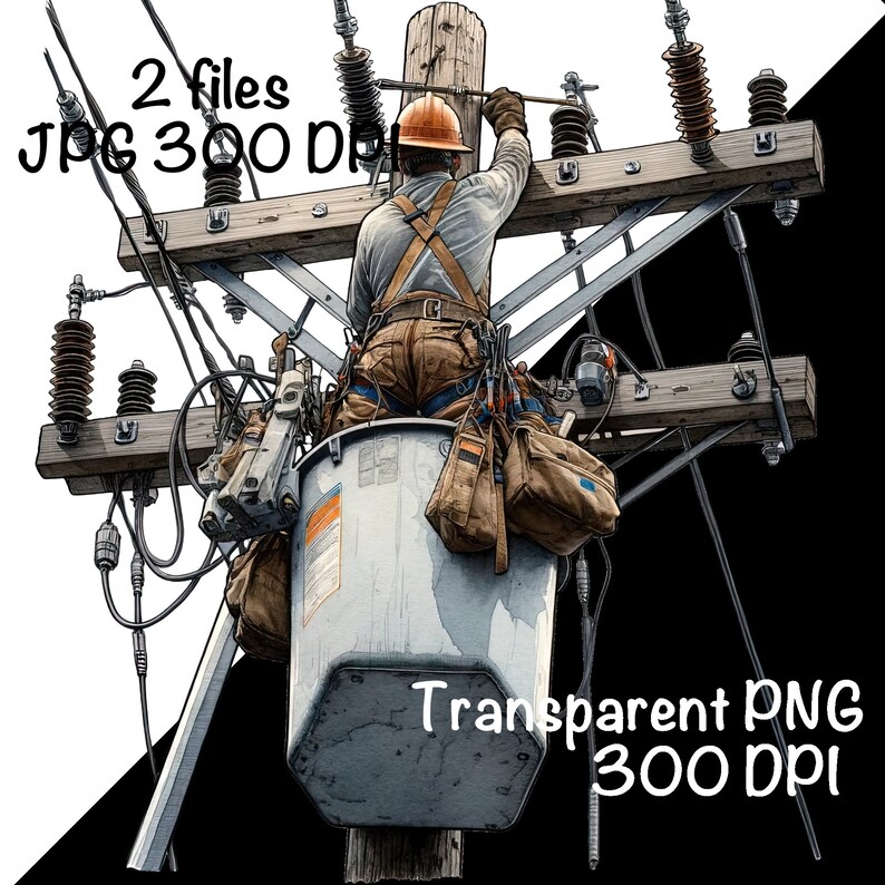 May include: A lineman wearing a hard hat and safety gear works on a wooden utility pole. He is standing in a bucket truck and is holding a tool in his hand. The pole is surrounded by electrical wires and insulators.