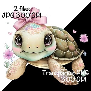 May include: A cute cartoon turtle with a pink bow on its head. The turtle has a green shell with brown markings and is surrounded by pink flowers.