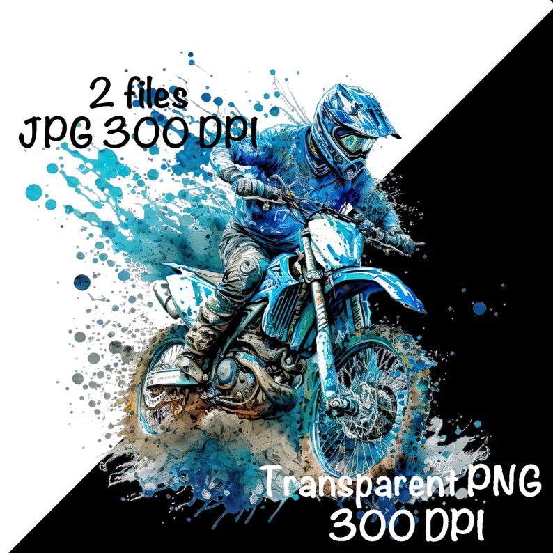 May include: A blue and white motocross rider in a helmet and goggles, riding a dirt bike through a blue watercolor splash. The image is a digital illustration.