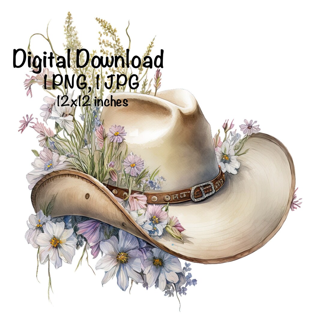 Cowgirl Hat & Flowers Watercolor Country Cowgirl Clipart PNG Commercial
