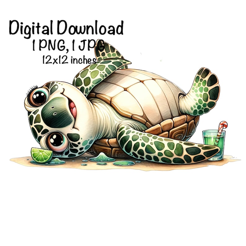 May include: A digital download image of a cartoon sea turtle with a happy expression, lying on its back. The turtle has a white and brown shell with green spots, large eyes, and a lime wedge. A green drink with a candy cane is next to the turtle. The image is 12x12 inches.