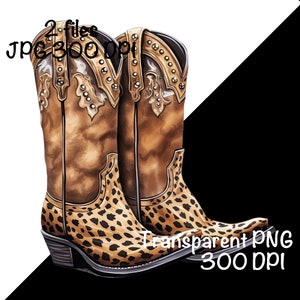 May include: A pair of brown cowboy boots with a leopard print design. The boots have silver studs and a pointed toe.