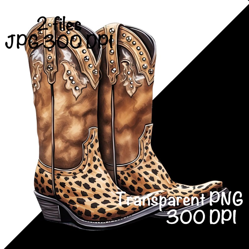 May include: A pair of brown cowboy boots with a leopard print design. The boots have silver studs and a pointed toe.