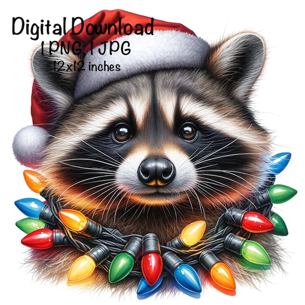 Racoon PNG Clipart Funny Christmas Lights Raccoon Sublimation Commercial Use Santa Racoon Happy Holiday Christmas XMas Funny Animal Png