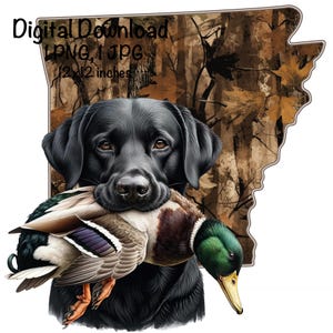 Camo Arkansas Jagdhund PNG | Schwarzer Labrador Hund AR Map Jagd Sublimation | Stockente Ente Sublimation | Digitaler Download Entenjäger png