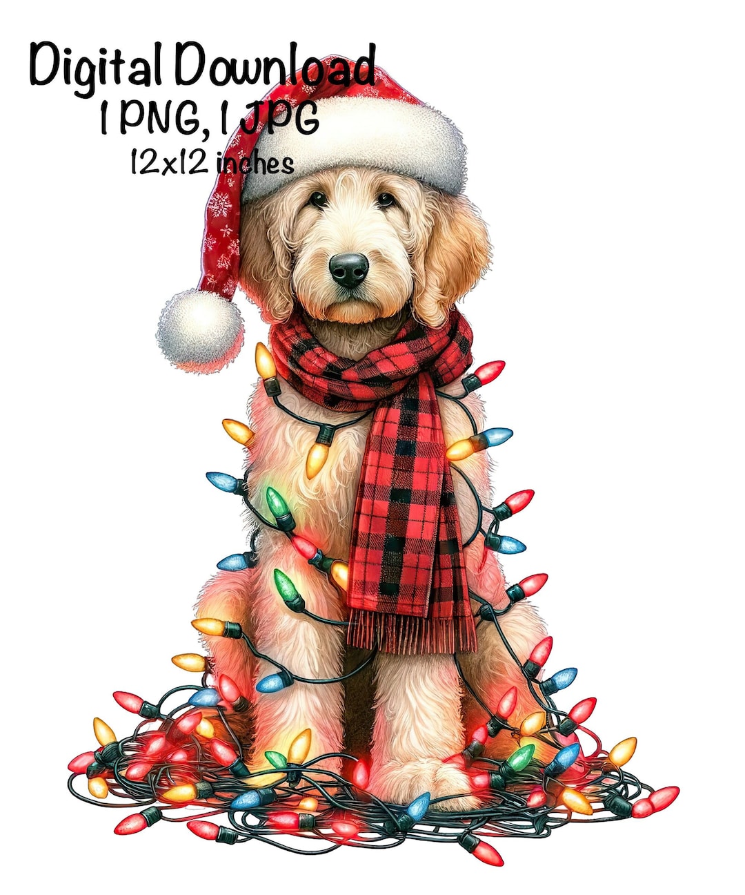 Christmas Goldendoodle Puppy PNG Christmas Lights Santa Reindeer Doodle