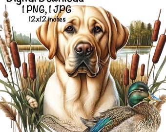 Labrador Dog Sublimation PNG Yellow Labrador Dog PNG Commercial Use Hunting Dog Duck Hunter Marsh Ducks Labrador Dog PNG Illustration Print