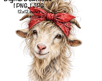 May include: Digital download of a goat with a red bandana. The goat has light brown fur, brown eyes, and small horns. The text "Digital Download 1 PNG, 1 JPG 12x12 inches" is in the upper left corner.