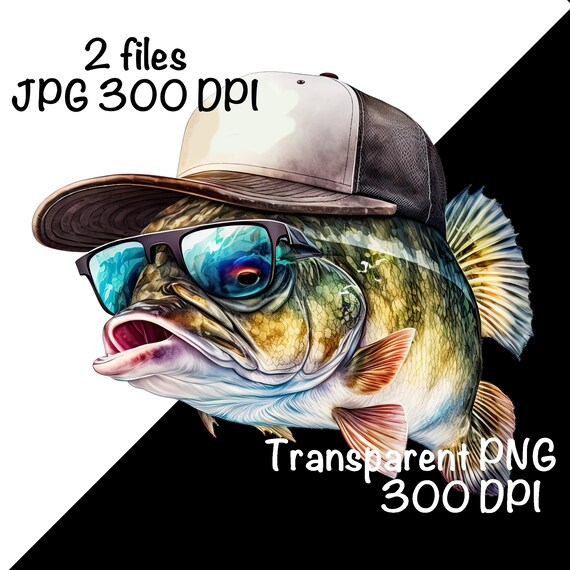 Funny Bass Fish Watercolor Saltwater Fish Clipart Bass Fish Sunglasses  Baseball Hat PNG Commercial Use Watercolor Fishing Season Fish Print 