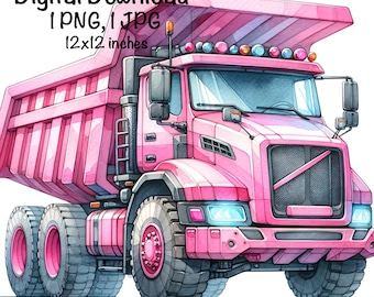 May include: A pink dumper truck with a large bed and a detailed front grille. The truck is 12x12 inches and is available as a digital download in PNG and JPG formats.